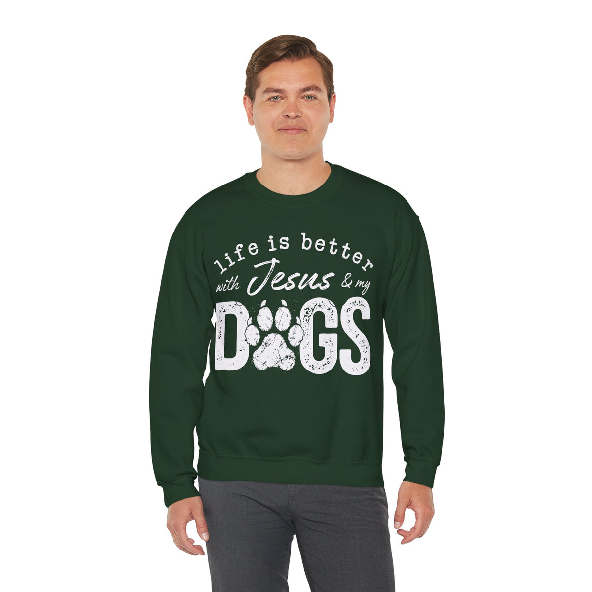 Life is Better With Jesus and My Dogs – Gildan Heavy Blend | Trendy Women’s and Men's Soft Sweatshirt. Direct to Garment. Printed & Shipped in the USA. Unisex Sizes.