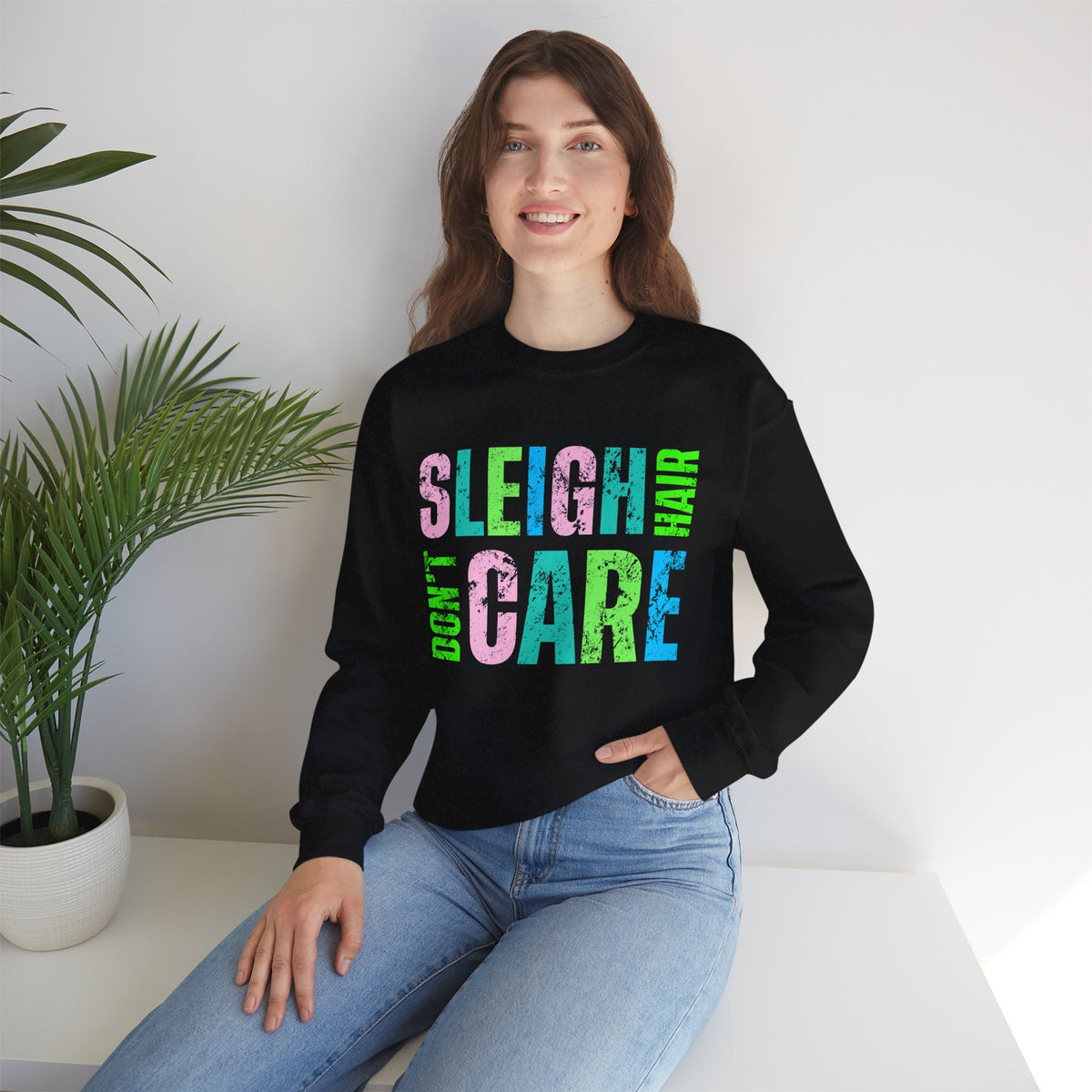 Sleigh Hair Don’t Care, Funny Christmas Graphic Tee – Gildan Heavy Blend | Trendy Women’s Soft Sweatshirt. Direct to Garment. Printed & Shipped in the USA. Unisex Sizes.