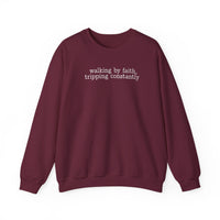 Walking By Faith, Tripping Constantly - Minimalist Design – Gildan Heavy Blend | Trendy Men's and Women’s Soft Sweatshirt. Direct to Garment. Printed & Shipped in the USA. Unisex Sizes.