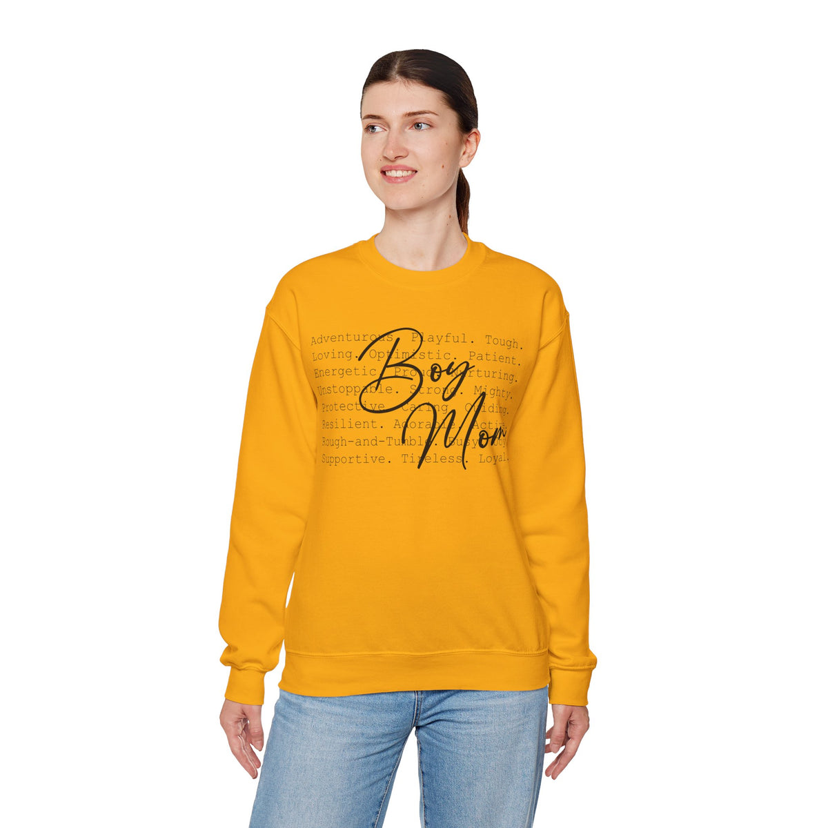 Boy Mom Typography – Gildan Heavy Blend | Trendy Women’s Soft Sweatshirt. Direct to Garment. Printed & Shipped in the USA. Unisex Sizes.