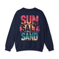 Sun Salt Sand, Beach Sunset - Front & Back Print – Gildan Heavy Blend | Trendy Women’s and Men's Soft Sweatshirt. Direct to Garment. Printed & Shipped in the USA. Unisex Sizes.