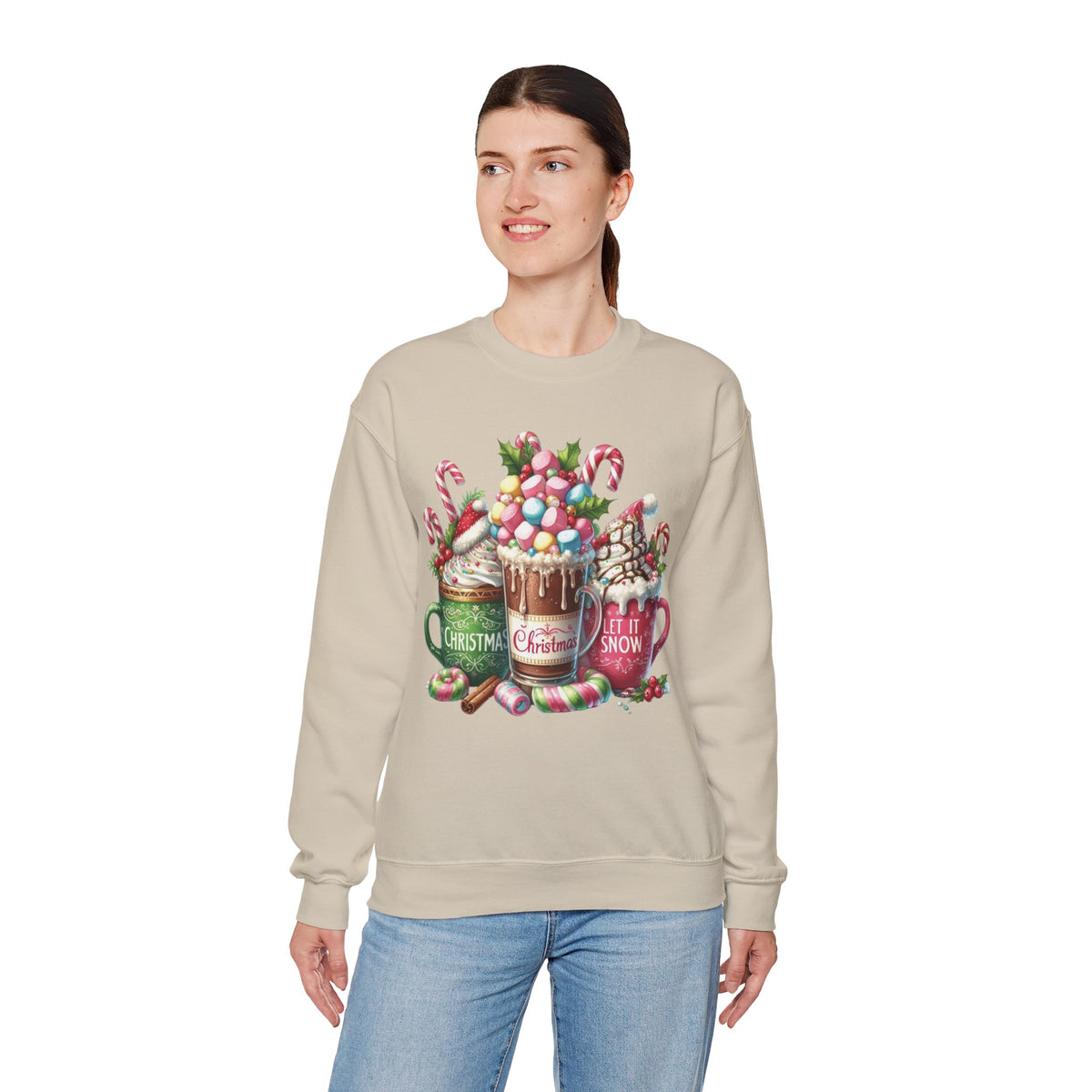Hot Chocolate Mugs Christmas Hot Cocoa – Gildan Heavy Blend | Trendy Women’s Soft Sweatshirt. Direct to Garment. Printed & Shipped in the USA. Unisex Sizes.