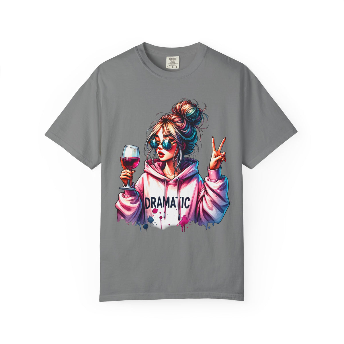 Dramatic Girl With Wine Messy Bun Peace Sign  - Comfort Colors | Trendy Women's T-Shirt. Direct to Garment. Printed & Shipped in the USA. Unisex Sizes.