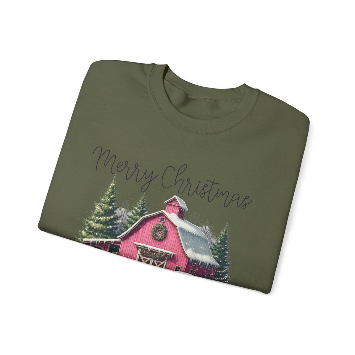 Merry Christmas Pink Barn Farm Animals – Gildan Heavy Blend | Trendy Women’s Soft Sweatshirt. Direct to Garment. Printed & Shipped in the USA. Unisex Sizes.