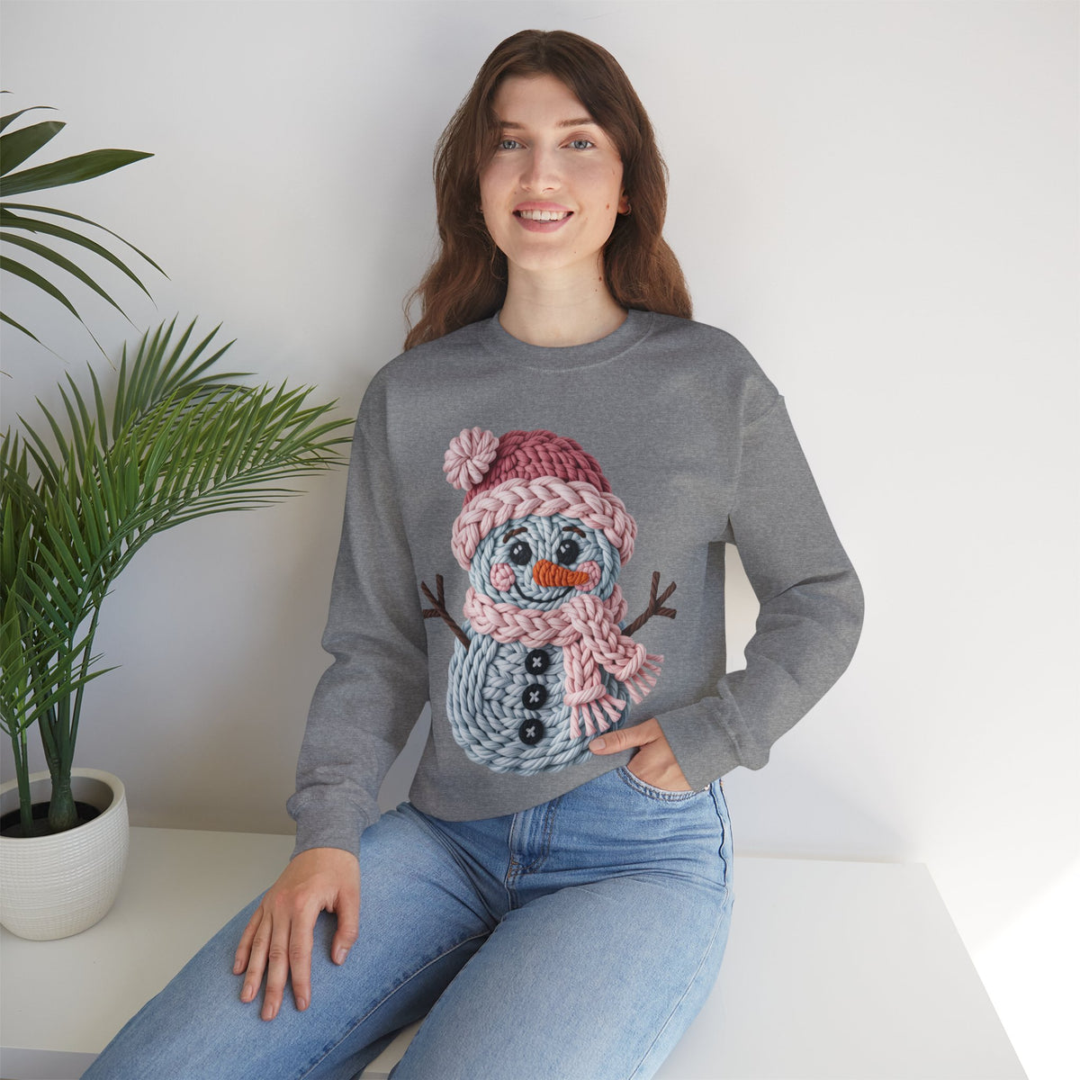 Cute Yarn Snowman - Pink Scarf Faux Yarn – Gildan Heavy Blend | Trendy Women’s Soft Sweatshirt. Direct to Garment. Printed & Shipped in the USA. Unisex Sizes.