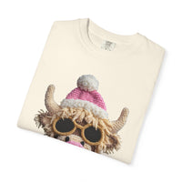Faux Crochet Highland Cow Bubblegum - Comfort Colors | Trendy Women's T-Shirt. Direct to Garment. Printed & Shipped in the USA. Unisex Sizes.