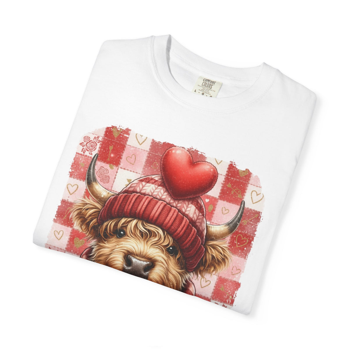 Highland Cow Be Mine, Red Checkered - Comfort Colors | Trendy Women's T-Shirt. Direct to Garment. Printed & Shipped in the USA. Unisex Sizes.