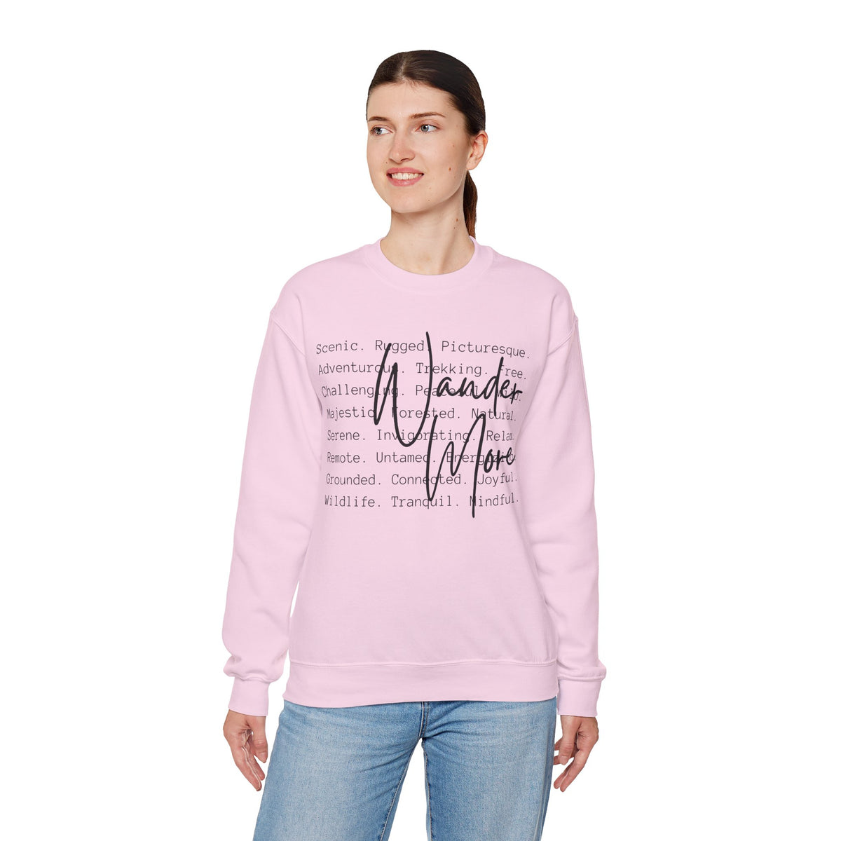 Wander More, Scenic Adventure Typography – Gildan Heavy Blend | Trendy Men's and Women’s Soft Sweatshirt. Direct to Garment. Printed & Shipped in the USA. Unisex Sizes.
