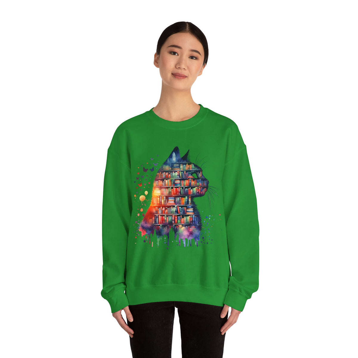 Cat Silhouette for Book Lovers – Gildan Heavy Blend | Trendy Women’s Soft Sweatshirt. Direct to Garment. Printed & Shipped in the USA. Unisex Sizes.