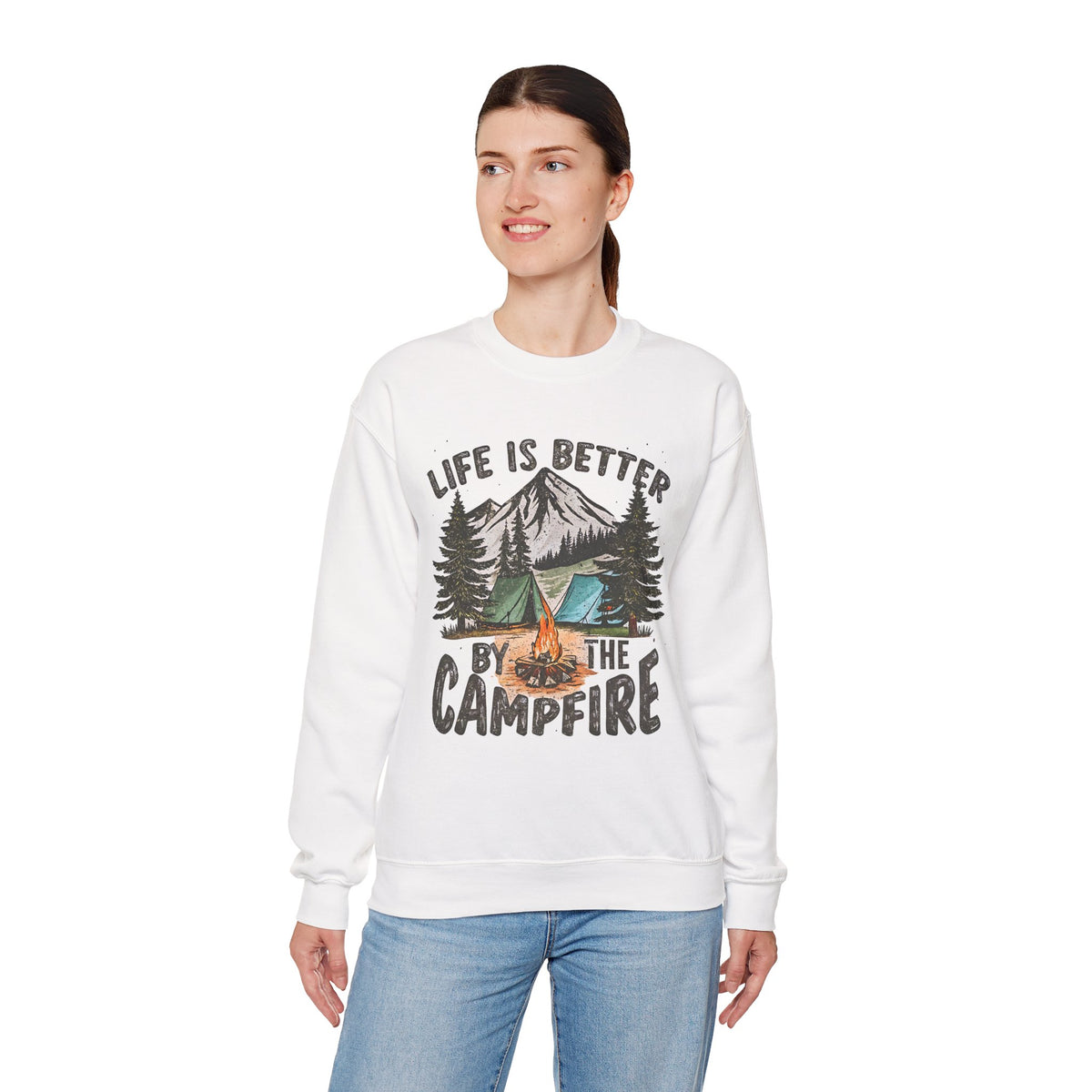 Life is Better By the Campfire – Gildan Heavy Blend | Trendy Women’s and Men's Soft Sweatshirt. Direct to Garment. Printed & Shipped in the USA. Unisex Sizes.