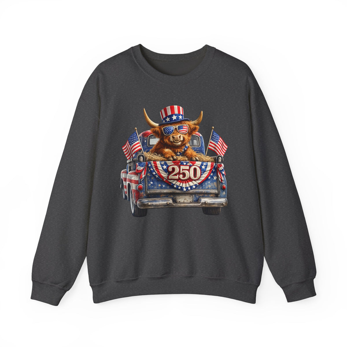 Patriotic Highland, America's 250th Birthday – Gildan Heavy Blend | Trendy Women’s and Men's Soft Sweatshirt. Direct to Garment. Printed & Shipped in the USA. Unisex Sizes.