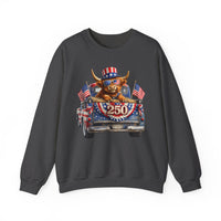 Patriotic Highland, America's 250th Birthday – Gildan Heavy Blend | Trendy Women’s and Men's Soft Sweatshirt. Direct to Garment. Printed & Shipped in the USA. Unisex Sizes.