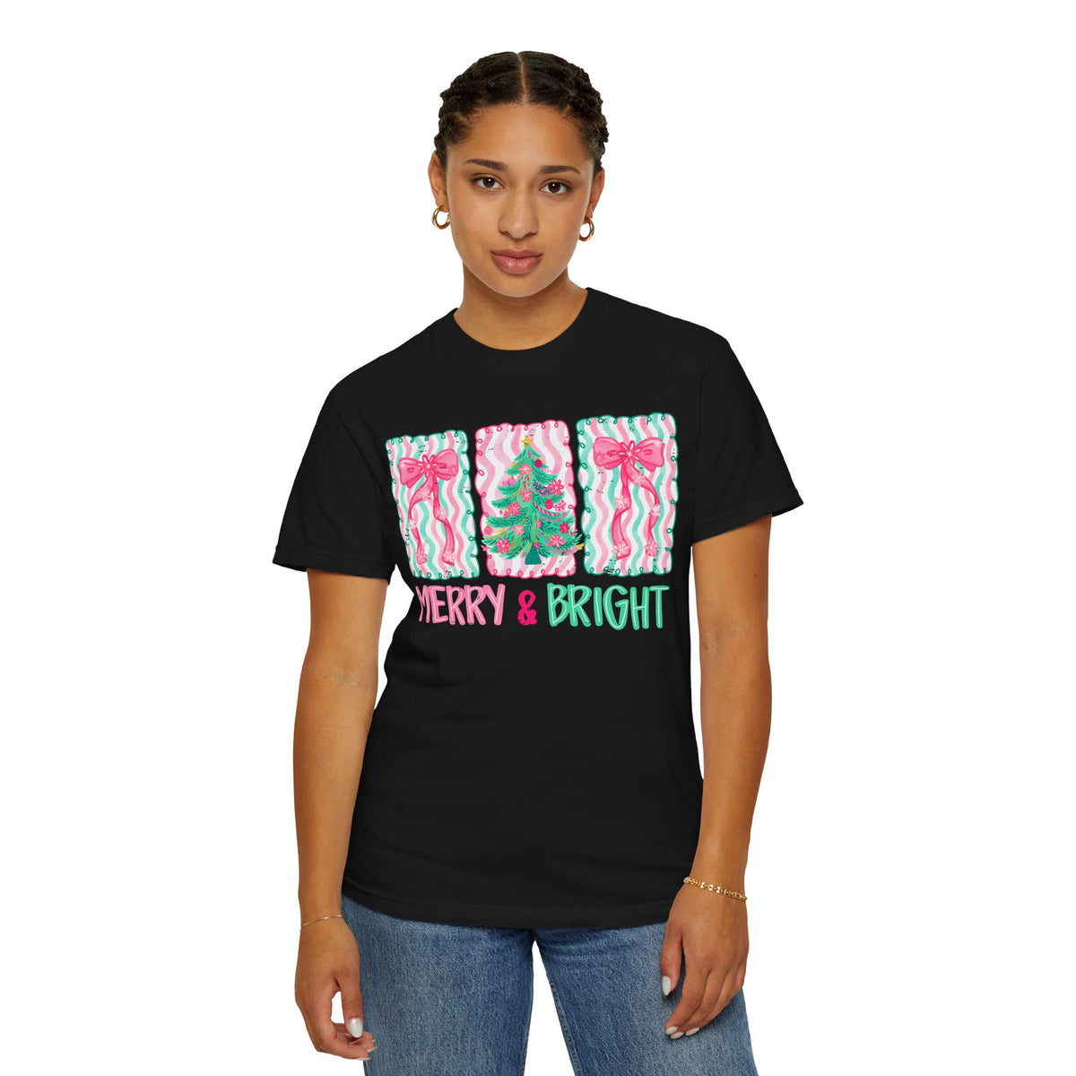 Merry & Bright Christmas — Pink & Green Holiday Tree Design - Comfort Colors | Trendy Women's T-Shirt. Direct to Garment. Printed & Shipped in the USA. Unisex Sizes.