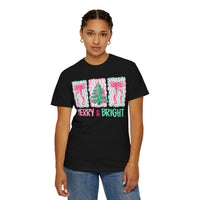 Merry & Bright Christmas — Pink & Green Holiday Tree Design - Comfort Colors | Trendy Women's T-Shirt. Direct to Garment. Printed & Shipped in the USA. Unisex Sizes.