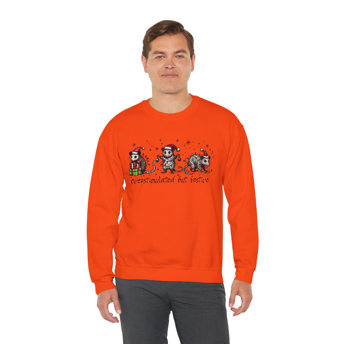 Overstimulated But Festive Christmas Possums – Gildan Heavy Blend | Trendy Women’s and Men's Soft Sweatshirt. Direct to Garment. Printed & Shipped in the USA. Unisex Sizes.