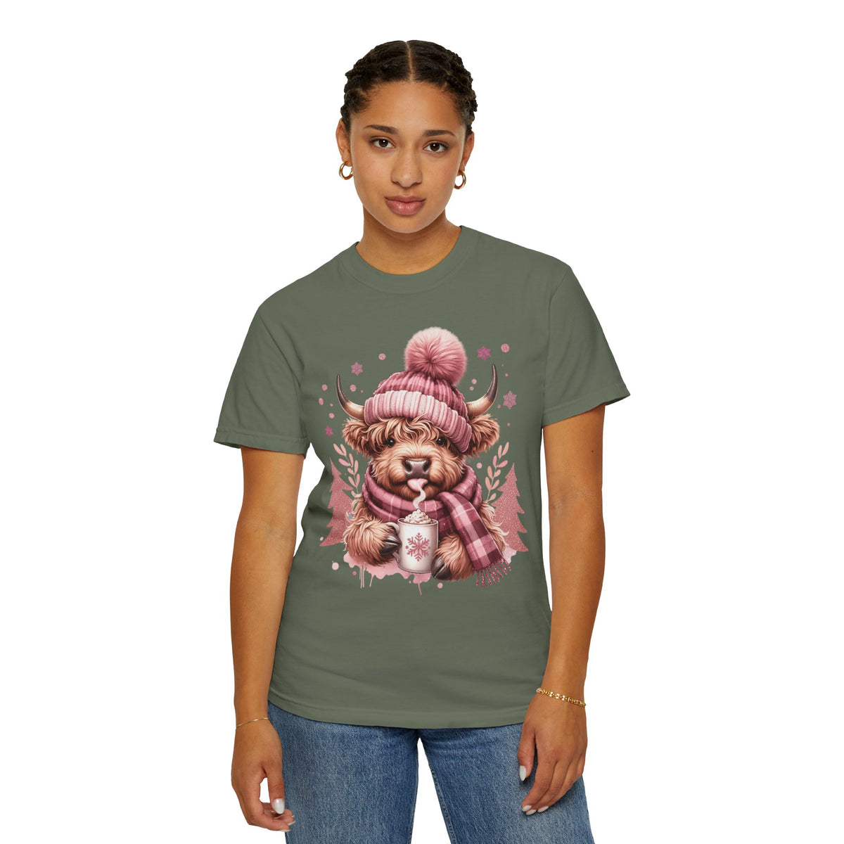 Cozy Highland Cow, Winter Coffee Mug & Scarf - Comfort Colors | Trendy Women's T-Shirt. Direct to Garment. Printed & Shipped in the USA. Unisex Sizes.