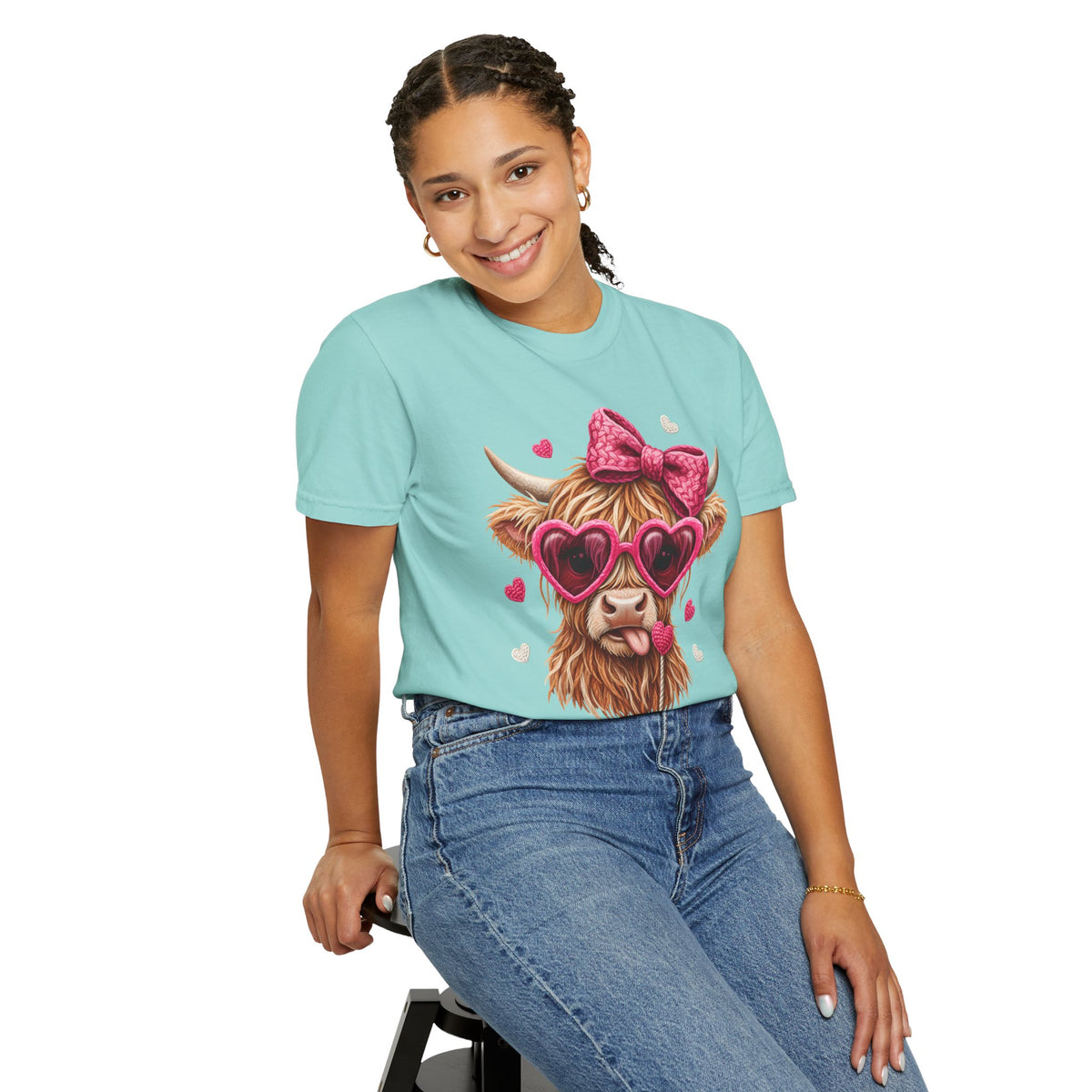 Highland Cow - Pink Heart Shaped Glasses - Comfort Colors | Trendy Women's T-Shirt. Direct to Garment. Printed & Shipped in the USA. Unisex Sizes.