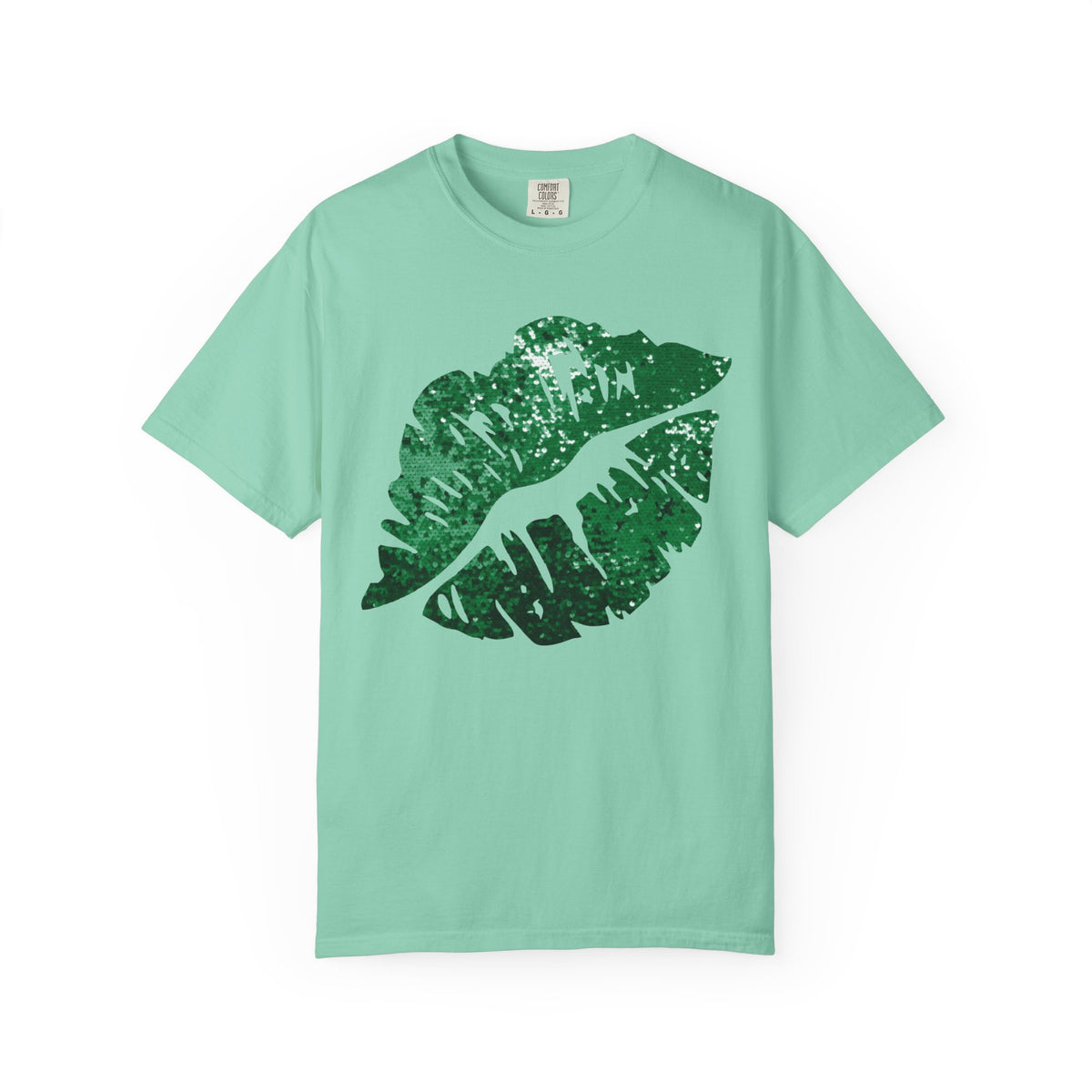 Green Faux Glitter Kiss - Comfort Colors | Trendy Women's T-Shirt. Direct to Garment. Printed & Shipped in the USA. Unisex Sizes.