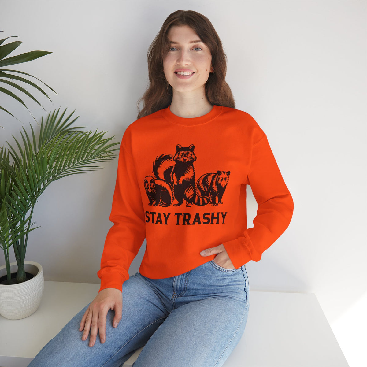 Stay Trashy, Skunk Raccoon Possum – Gildan Heavy Blend | Trendy Women’s and Men's Soft Sweatshirt. Direct to Garment. Printed & Shipped in the USA. Unisex Sizes.