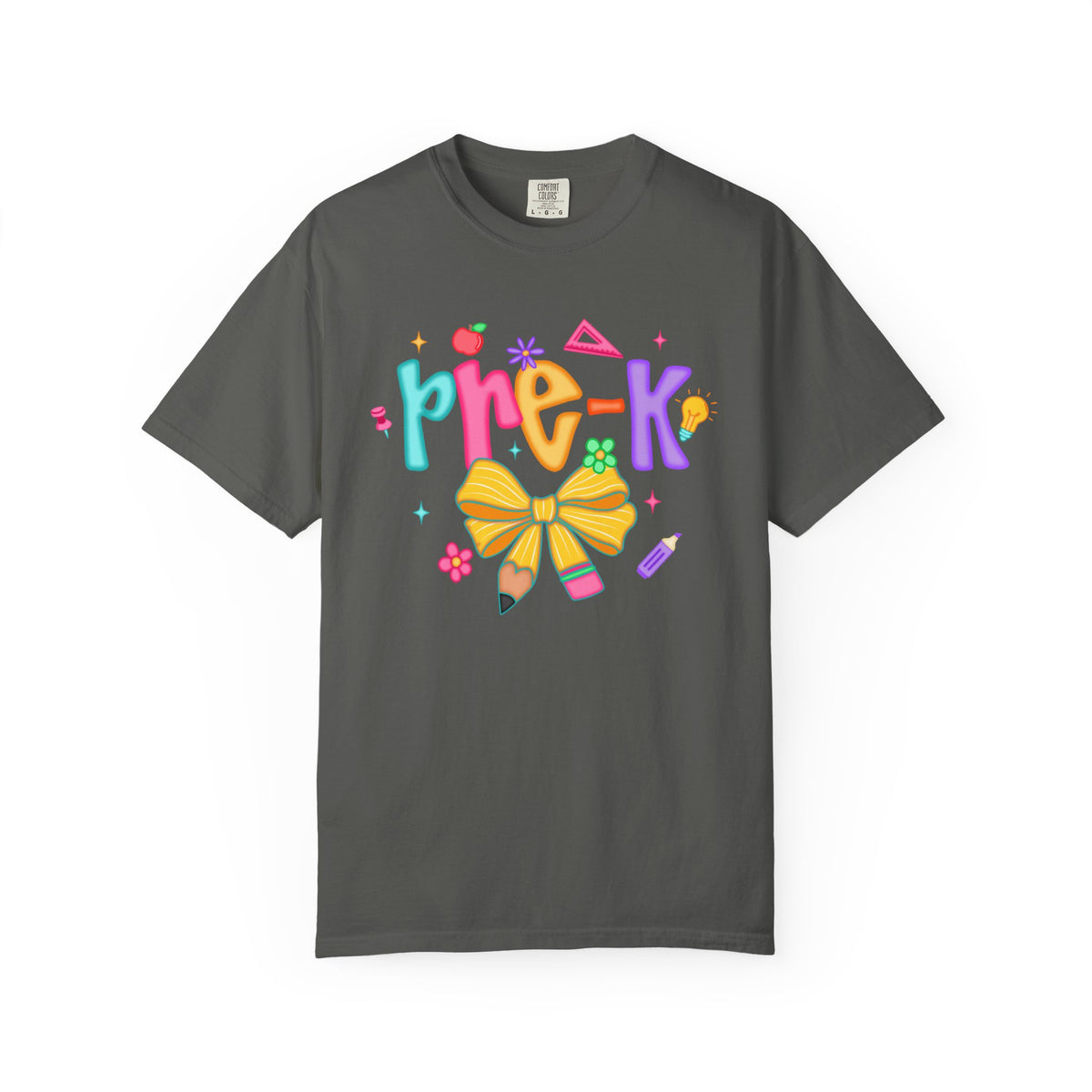 Coquette Pre-K Pencil Bow - Comfort Colors | Trendy Women's T-Shirt. Direct to Garment. Printed & Shipped in the USA. Unisex Sizes.