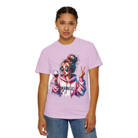 Dramatic Girl With Wine Messy Bun Peace Sign  - Comfort Colors | Trendy Women's T-Shirt. Direct to Garment. Printed & Shipped in the USA. Unisex Sizes.
