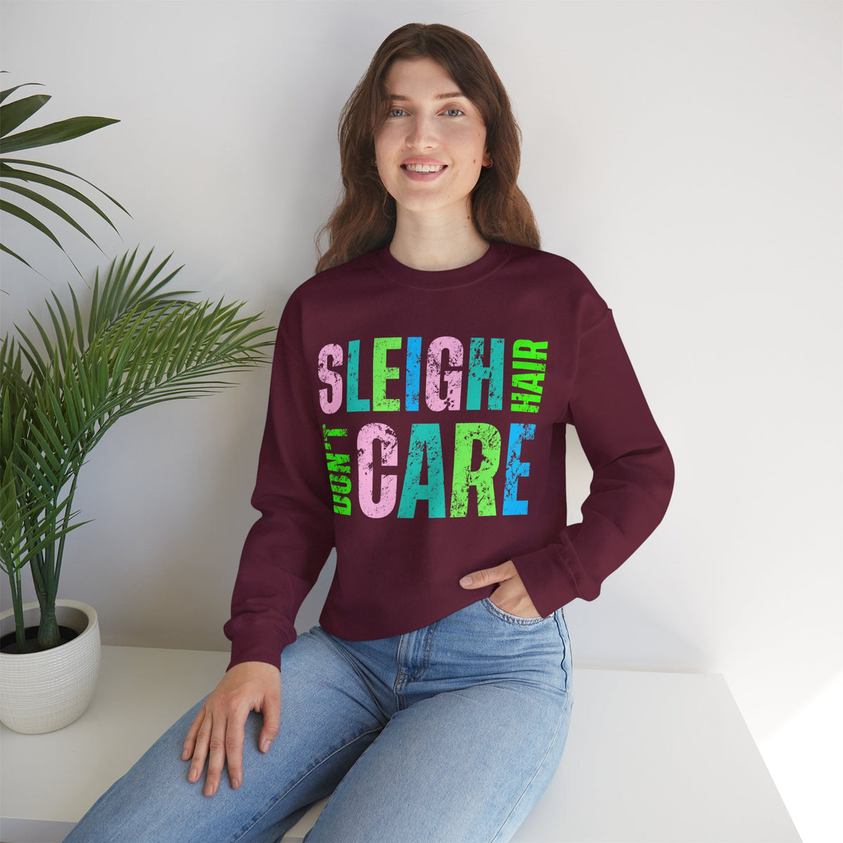 Sleigh Hair Don’t Care, Funny Christmas Graphic Tee – Gildan Heavy Blend | Trendy Women’s Soft Sweatshirt. Direct to Garment. Printed & Shipped in the USA. Unisex Sizes.