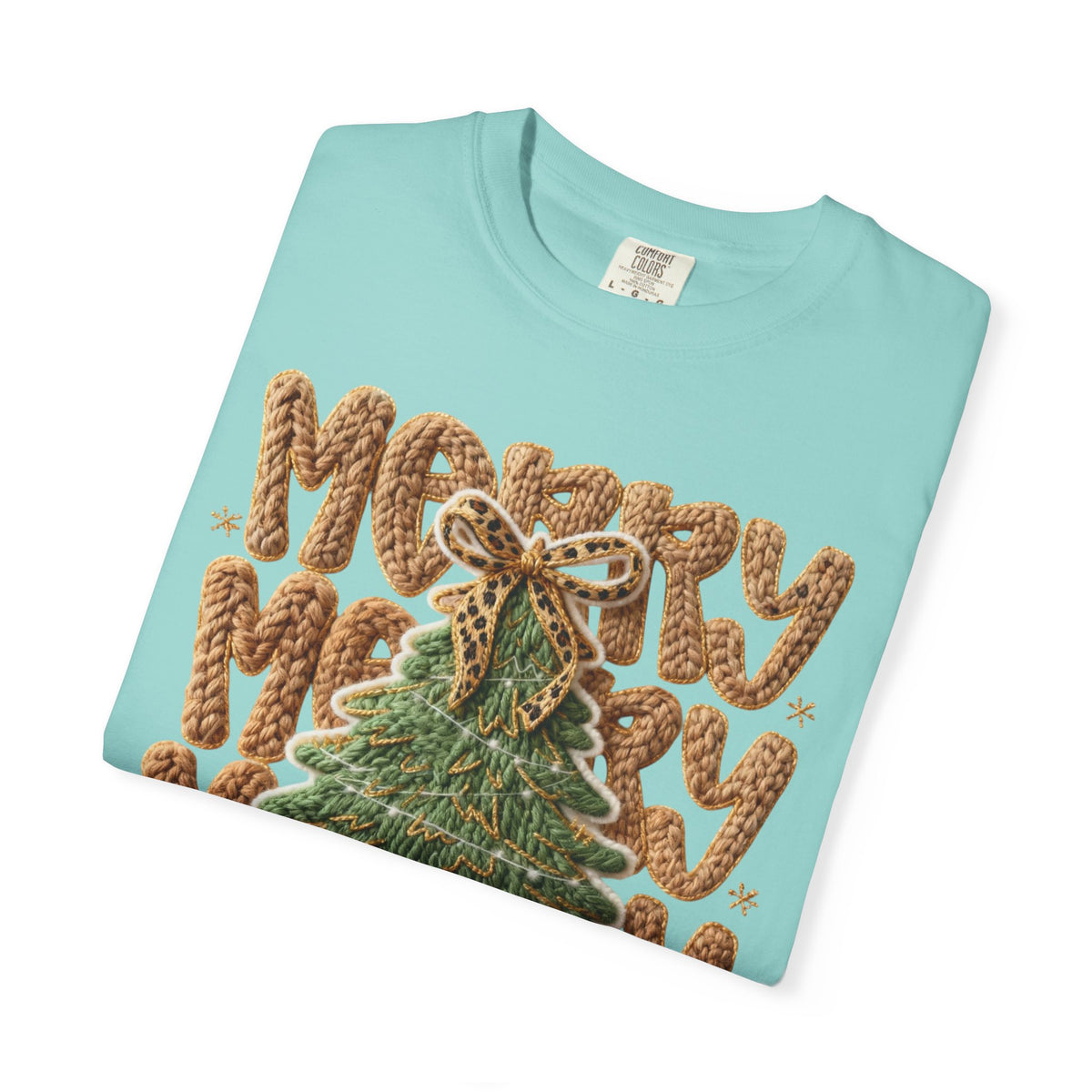 Merry Merry Merry Christmas, Faux Latch Hook Yarn - Comfort Colors | Trendy Women's T-Shirt. Direct to Garment. Printed & Shipped in the USA. Unisex Sizes.