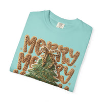 Merry Merry Merry Christmas, Faux Latch Hook Yarn - Comfort Colors | Trendy Women's T-Shirt. Direct to Garment. Printed & Shipped in the USA. Unisex Sizes.