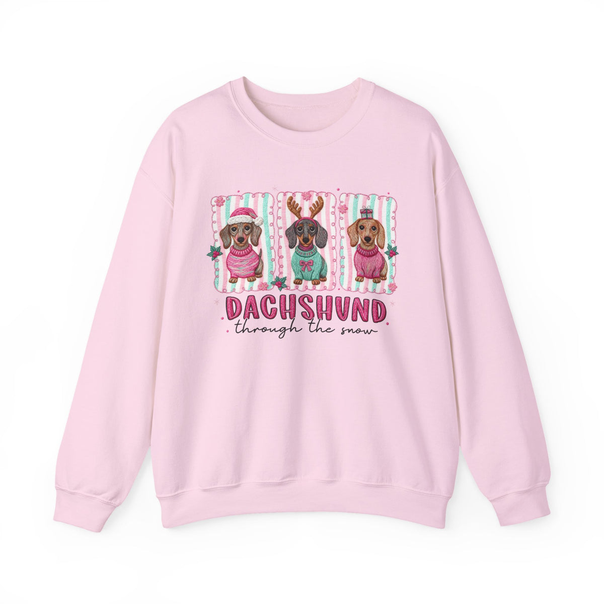 Dachshund Through the Snow – Gildan Heavy Blend | Trendy Women’s Soft Sweatshirt. Direct to Garment. Printed & Shipped in the USA. Unisex Sizes.