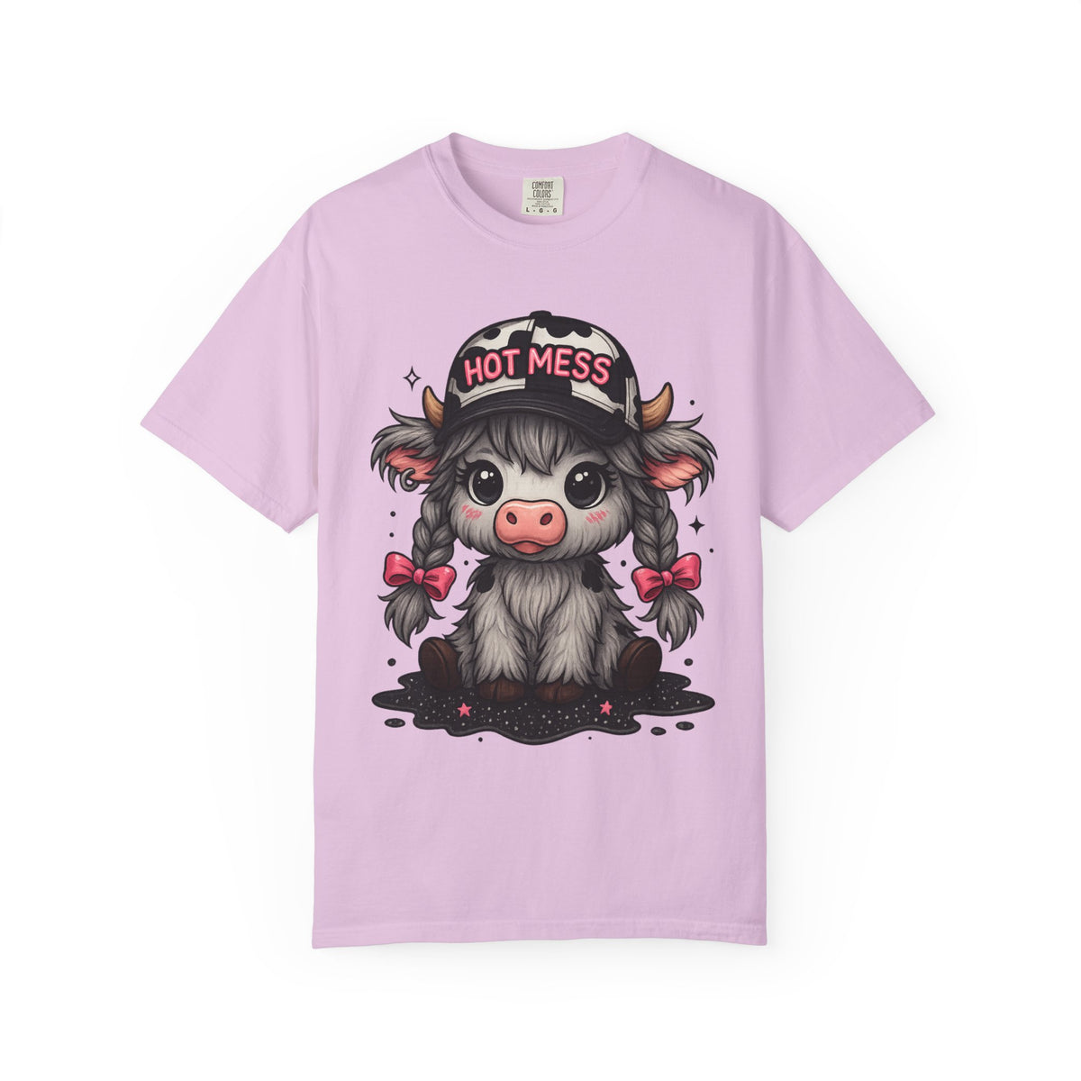 Cute Highland Cow 'Hot Mess' In Braids  - Comfort Colors | Trendy Women's T-Shirt. Direct to Garment. Printed & Shipped in the USA. Unisex Sizes.