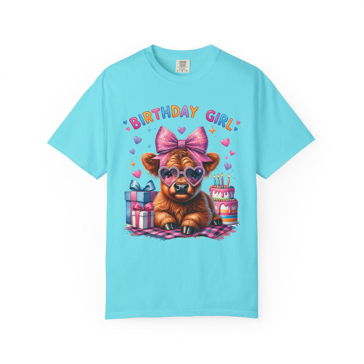 Birthday Girl, Highland Cow - Comfort Colors | Trendy Women's T-Shirt. Direct to Garment. Printed & Shipped in the USA. Unisex Sizes.