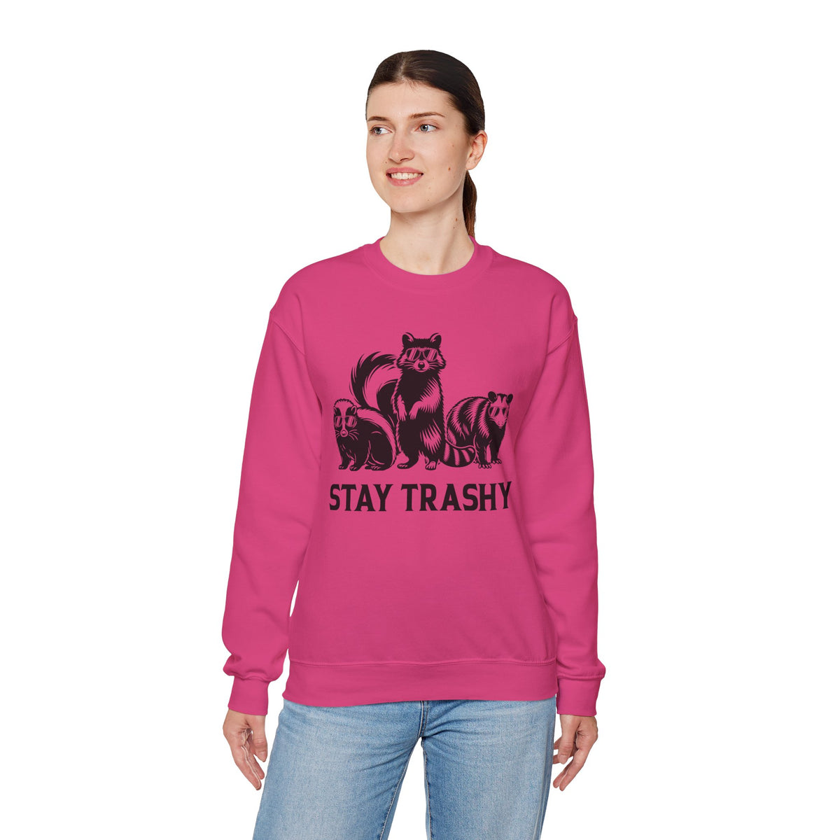 Stay Trashy, Skunk Raccoon Possum – Gildan Heavy Blend | Trendy Women’s and Men's Soft Sweatshirt. Direct to Garment. Printed & Shipped in the USA. Unisex Sizes.