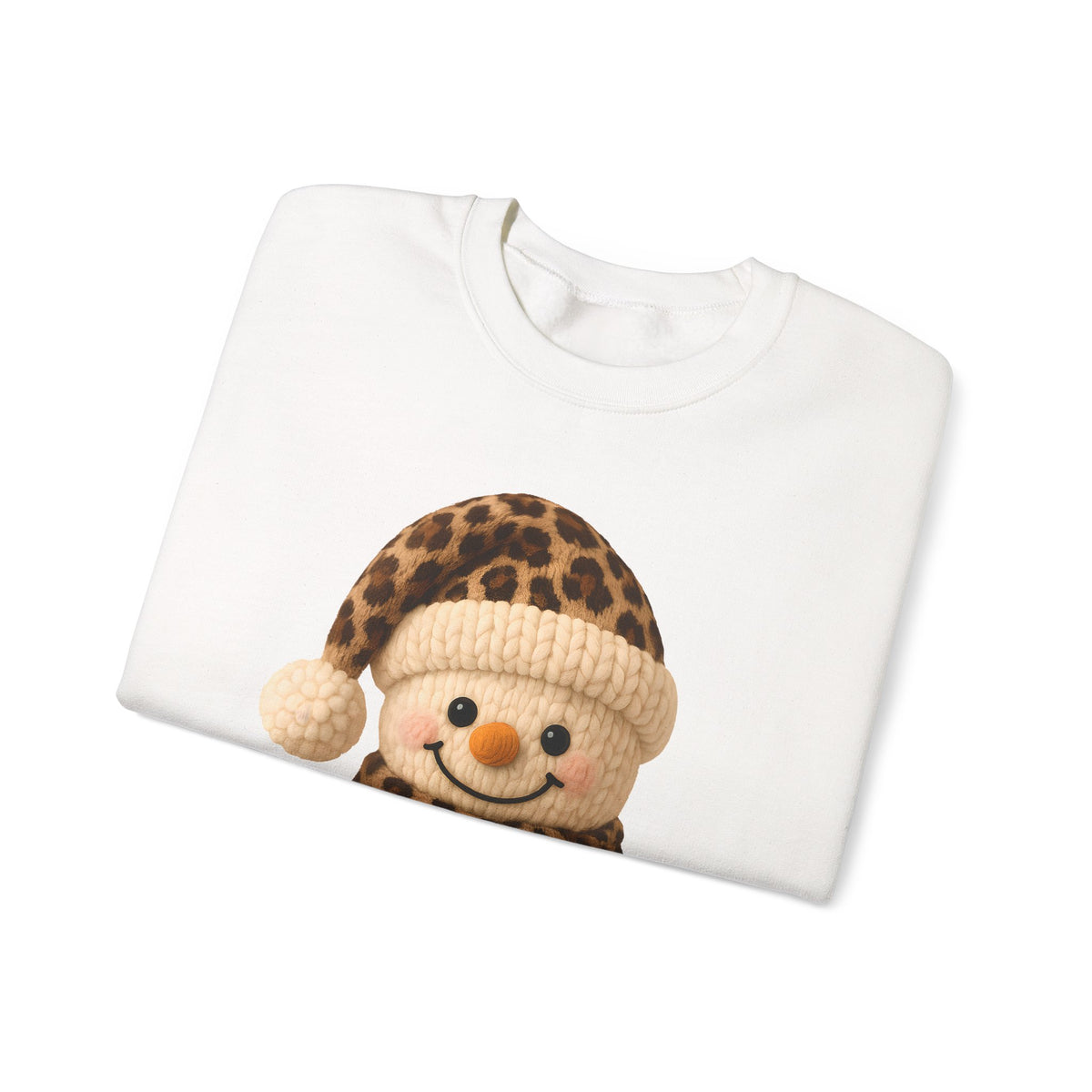 Cute Leopard Faux Knit Snowman Winter – Gildan Heavy Blend | Trendy Women’s Soft Sweatshirt. Direct to Garment. Printed & Shipped in the USA. Unisex Sizes.