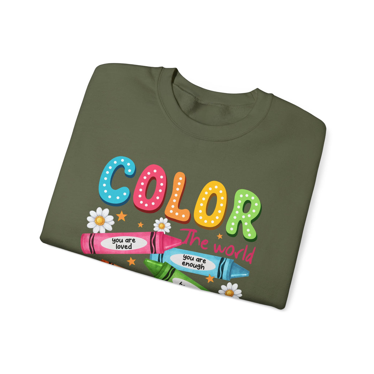 Color the World With Kindness Crayons, Great Teacher Gift – Gildan Heavy Blend | Trendy Women’s and Men's Soft Sweatshirt. Direct to Garment. Printed & Shipped in the USA. Unisex Sizes.