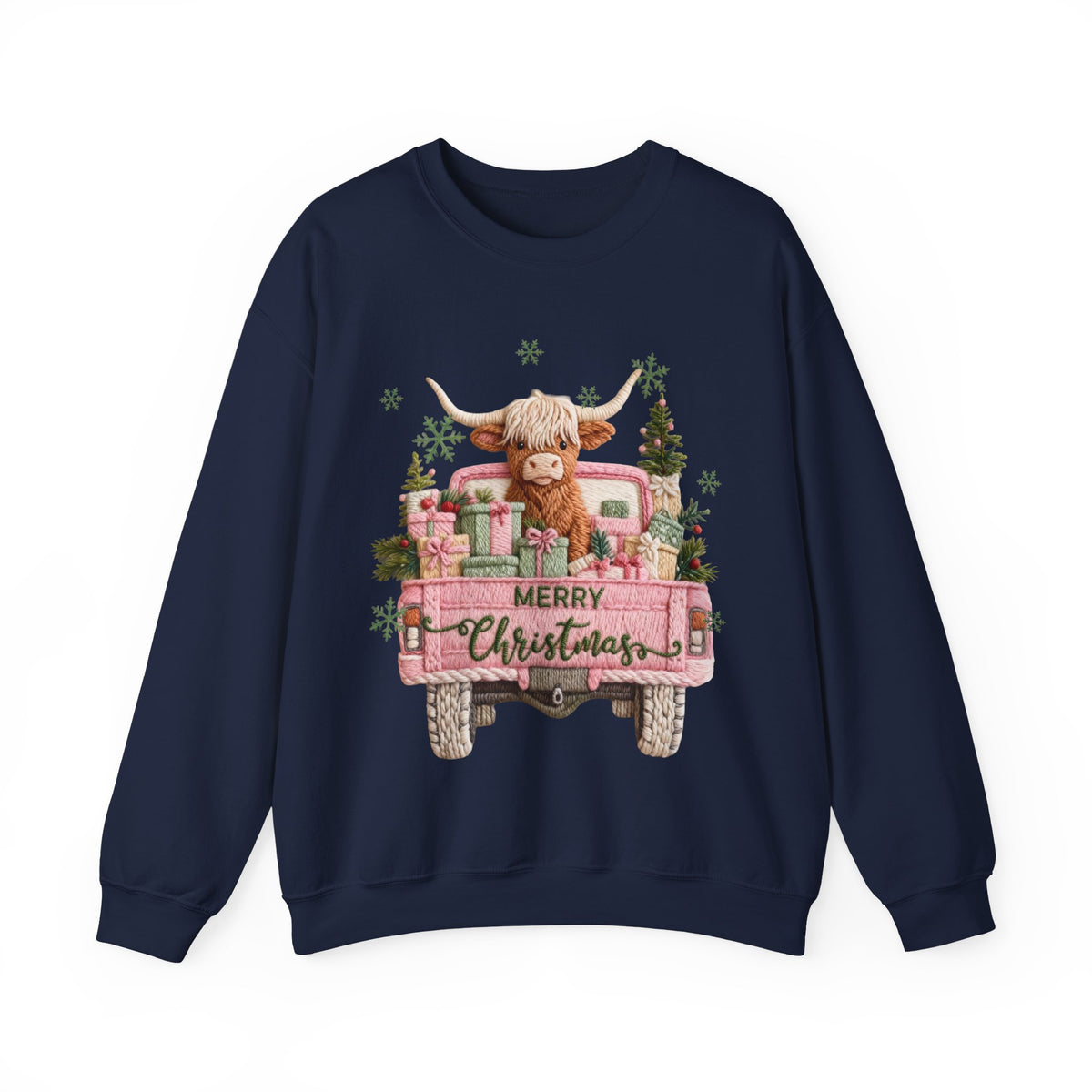 Highland Cow in Pink Truck Merry Christmas Holiday Farmhouse – Gildan Heavy Blend | Trendy Women’s Soft Sweatshirt. Direct to Garment. Printed & Shipped in the USA. Unisex Sizes.
