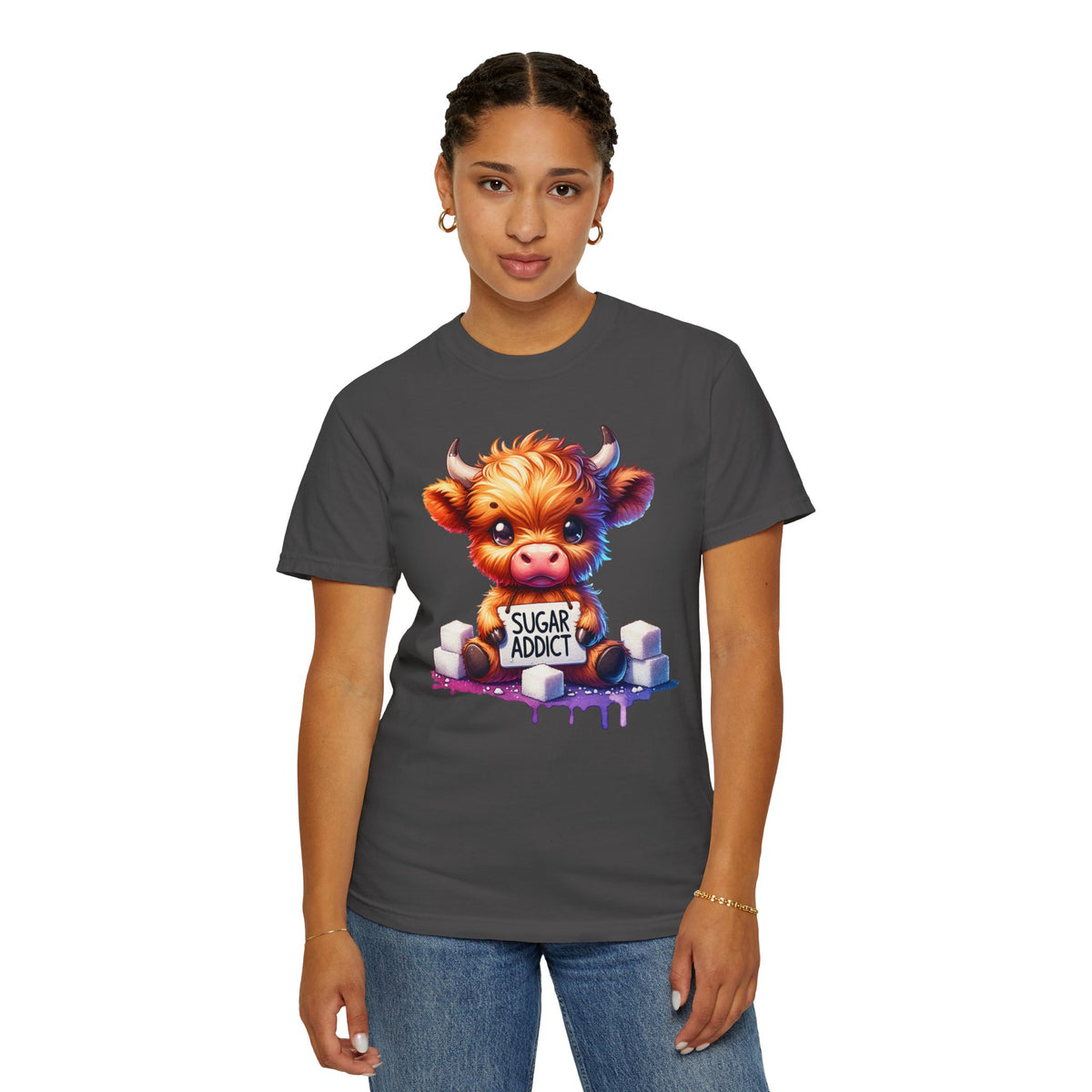 Sugar Addict Highland Cow - Comfort Colors | Trendy Women's T-Shirt. Direct to Garment. Printed & Shipped in the USA. Unisex Sizes.