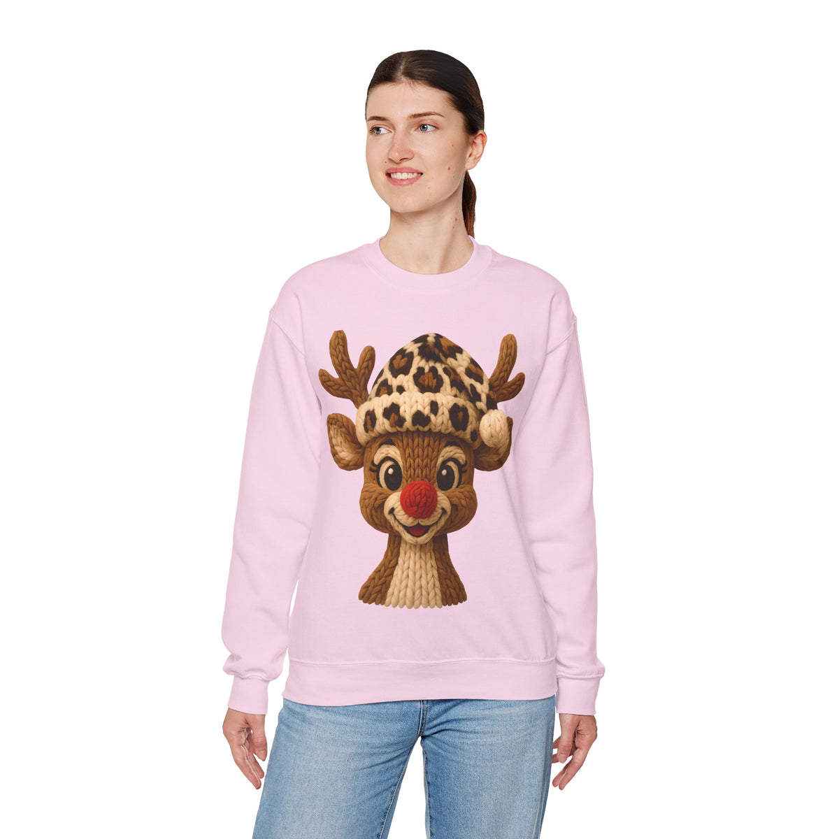 Rudolph Reindeer Leopard Santa Hat Christmas – Gildan Heavy Blend | Trendy Women’s Soft Sweatshirt. Direct to Garment. Printed & Shipped in the USA. Unisex Sizes.