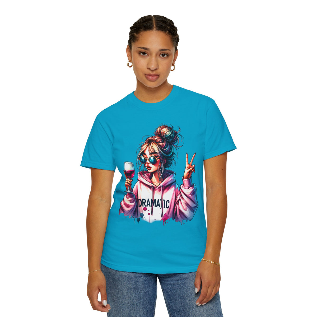 Dramatic Girl With Wine Messy Bun Peace Sign  - Comfort Colors | Trendy Women's T-Shirt. Direct to Garment. Printed & Shipped in the USA. Unisex Sizes.