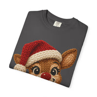 Cute Rudolph Faux Knit Look Reindeer w/Santa Hat - Comfort Colors | Trendy Women's T-Shirt. Direct to Garment. Printed & Shipped in the USA. Unisex Sizes.