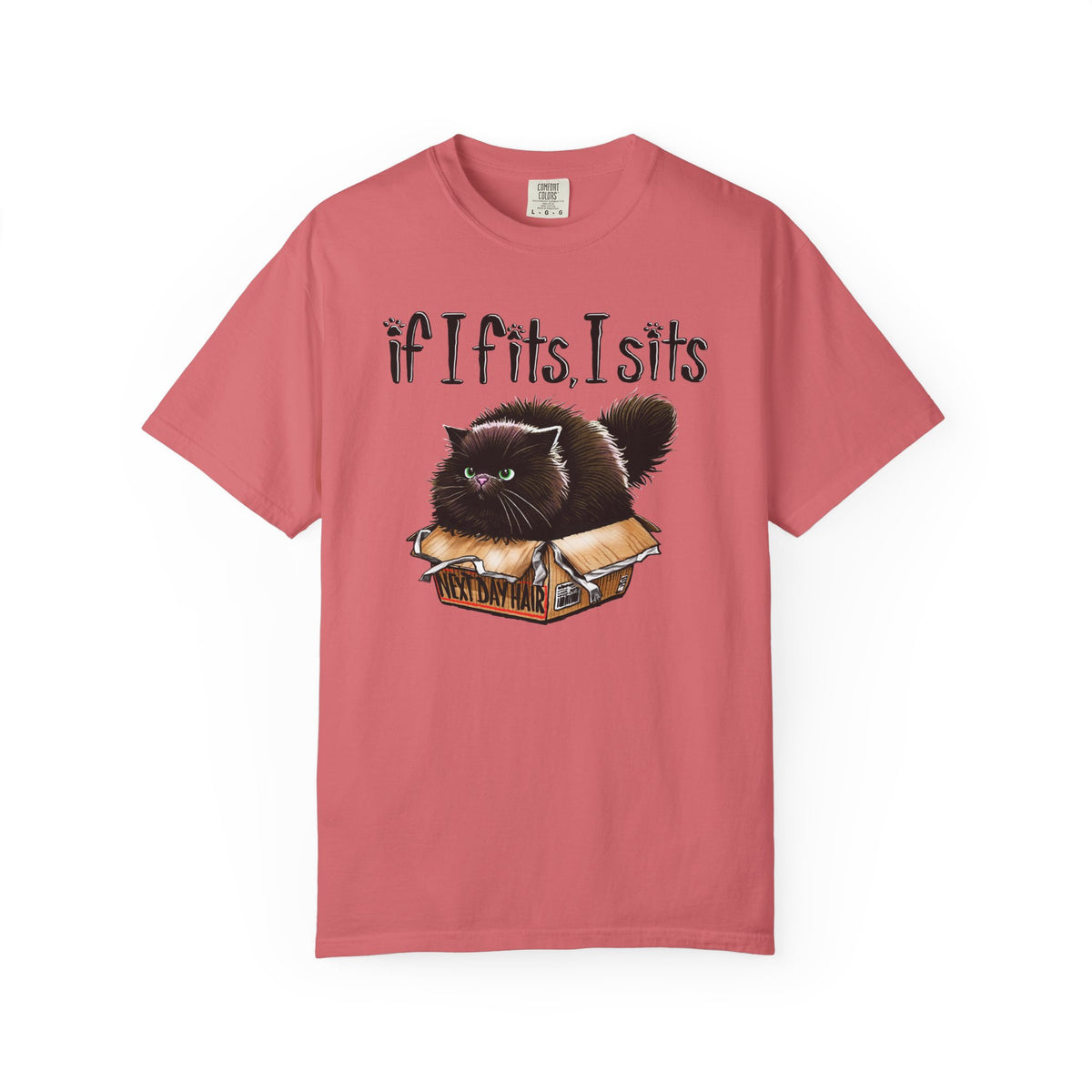 If I Fits I Sits, Cat in a Box - Comfort Colors | Trendy Women's and Men's T-Shirt. Direct to Garment. Printed & Shipped in the USA. Unisex Sizes.