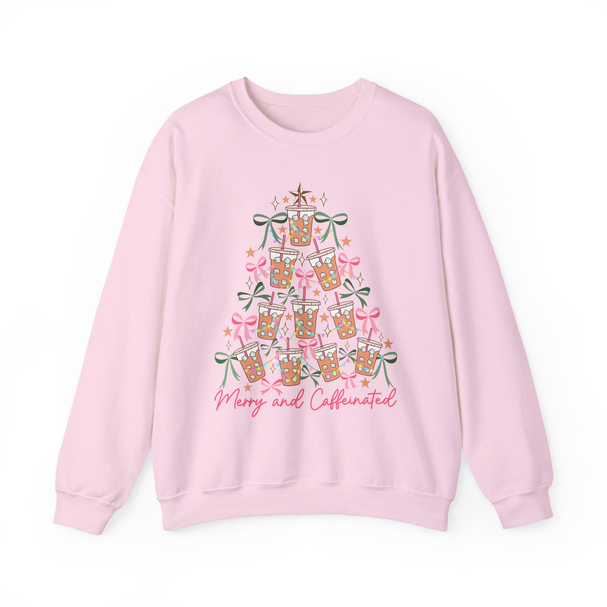 Merry and Caffeinated Iced Coffee Christmas Tree – Gildan Heavy Blend | Trendy Women’s Soft Sweatshirt. Direct to Garment. Printed & Shipped in the USA. Unisex Sizes.