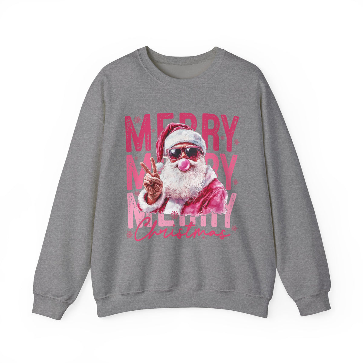 Pink Merry Christmas Bubblegum Santa – Gildan Heavy Blend | Trendy Women’s Soft Sweatshirt. Direct to Garment. Printed & Shipped in the USA. Unisex Sizes.