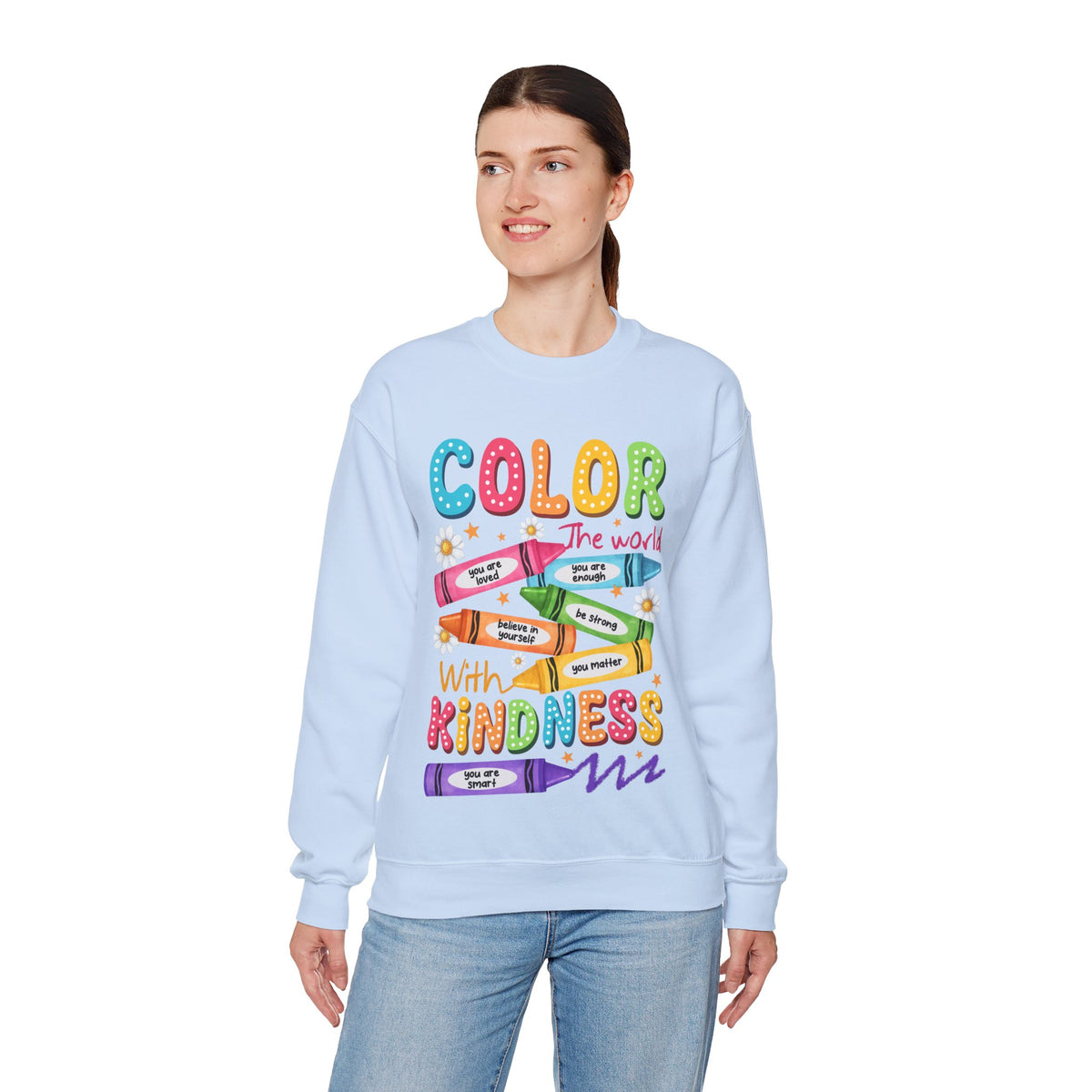 Color the World With Kindness Crayons, Great Teacher Gift – Gildan Heavy Blend | Trendy Women’s and Men's Soft Sweatshirt. Direct to Garment. Printed & Shipped in the USA. Unisex Sizes.