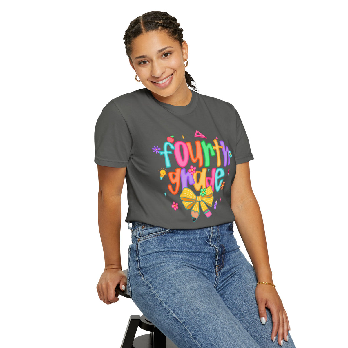Coquette Fourth Grade Pencil Bow - Comfort Colors | Trendy Women's T-Shirt. Direct to Garment. Printed & Shipped in the USA. Unisex Sizes.
