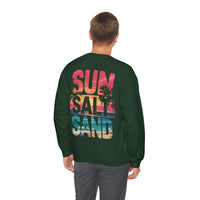 Sun Salt Sand, Beach Sunset - Front & Back Print – Gildan Heavy Blend | Trendy Women’s and Men's Soft Sweatshirt. Direct to Garment. Printed & Shipped in the USA. Unisex Sizes.