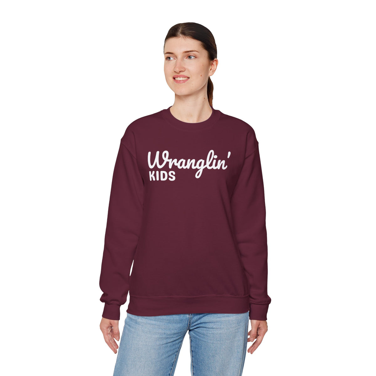 Wranglin' Kids Funny Mom Dad – Gildan Heavy Blend | Trendy Women’s and Men's Soft Sweatshirt. Direct to Garment. Printed & Shipped in the USA. Unisex Sizes.