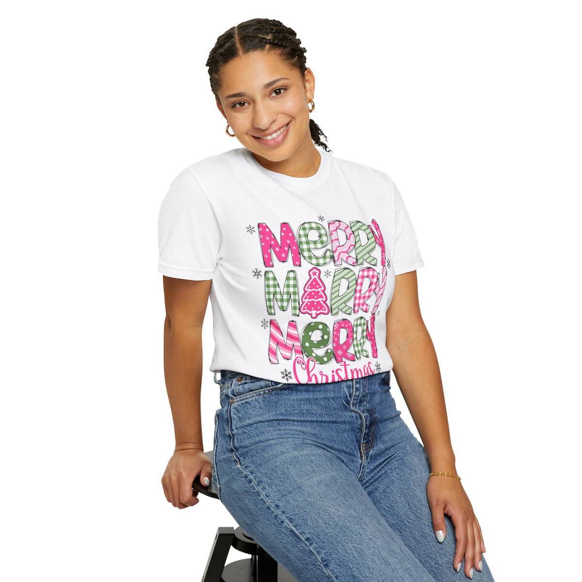 Merry Merry Merry Christmas, Festive Candy Cane & Pink and Green Plaid - Comfort Colors | Trendy Women's T-Shirt. Direct to Garment. Printed & Shipped in the USA. Unisex Sizes.
