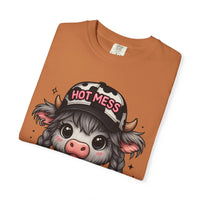 Cute Highland Cow 'Hot Mess' In Braids  - Comfort Colors | Trendy Women's T-Shirt. Direct to Garment. Printed & Shipped in the USA. Unisex Sizes.