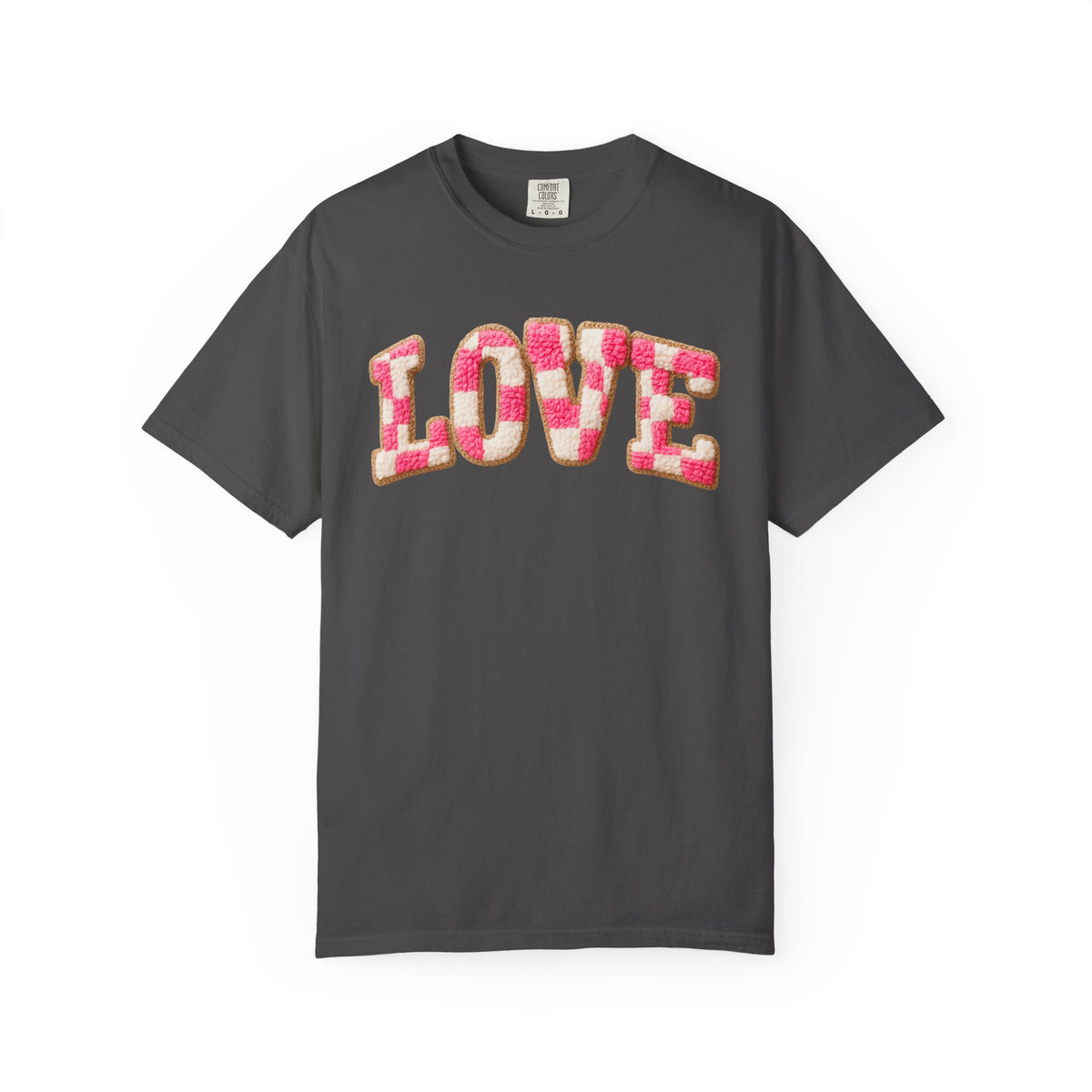 Faux Crochet Checkered LOVE - Comfort Colors | Trendy Women's T-Shirt. Direct to Garment. Printed & Shipped in the USA. Unisex Sizes.