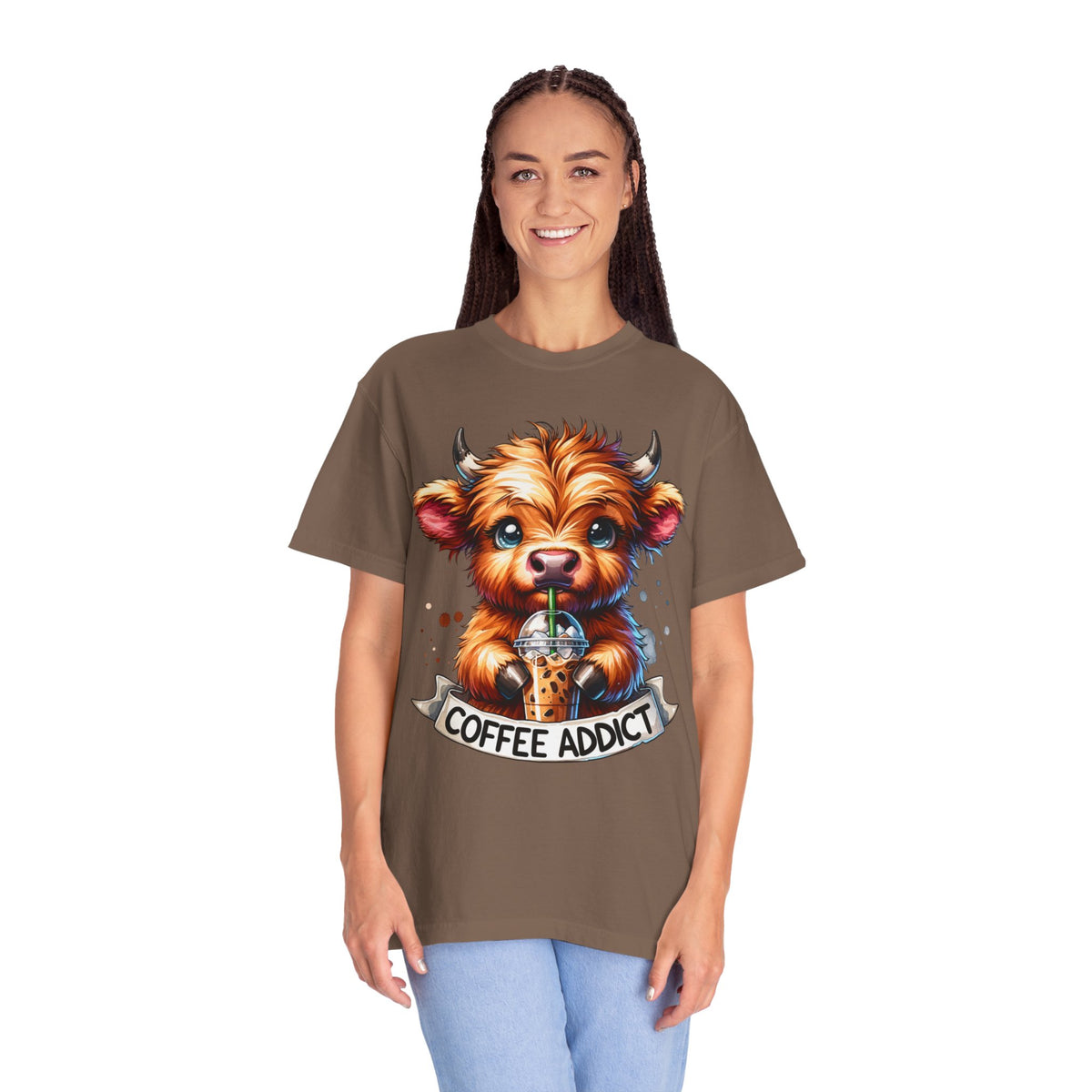 Coffee Addict Highland Cow Drinking Iced Coffee - Comfort Colors | Trendy Women's T-Shirt. Direct to Garment. Printed & Shipped in the USA. Unisex Sizes.